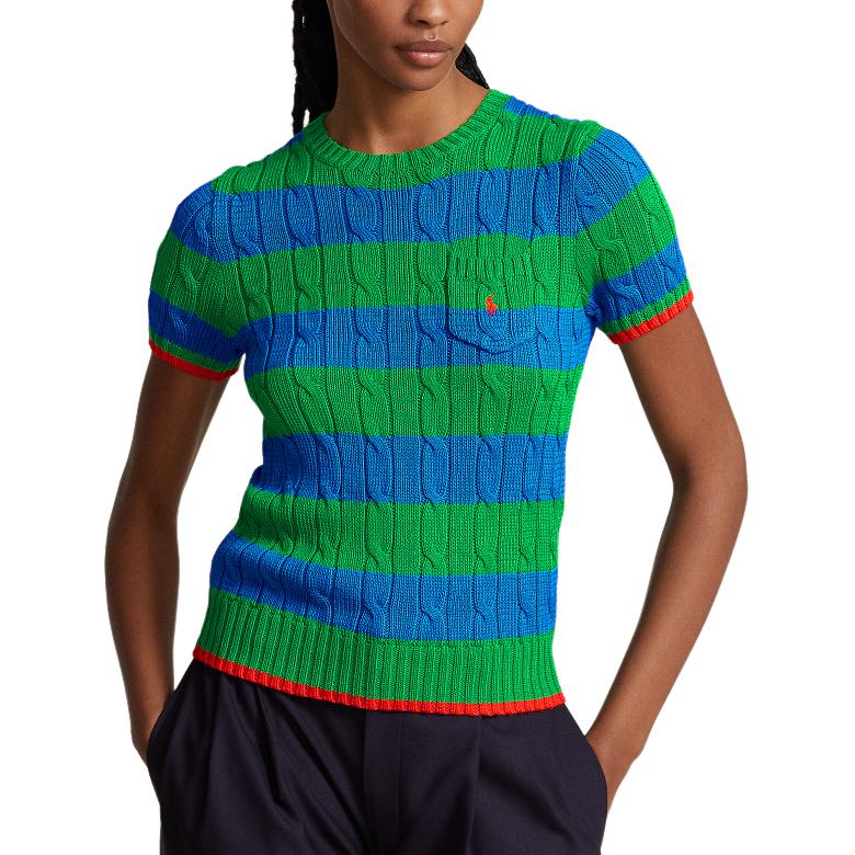 Polo Ralph Lauren SS24 Striped Slim Fit Cable Knit Short Sleeve Sweater Women sweater Academy-Green WMPOSWENC020893-999