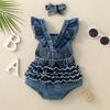 Baby Mädchen 2-teilige Sommeroutfits Fliegenärmel Buchstabenprint Denim Strampler mit Stirnband Set Säuglingskleidung