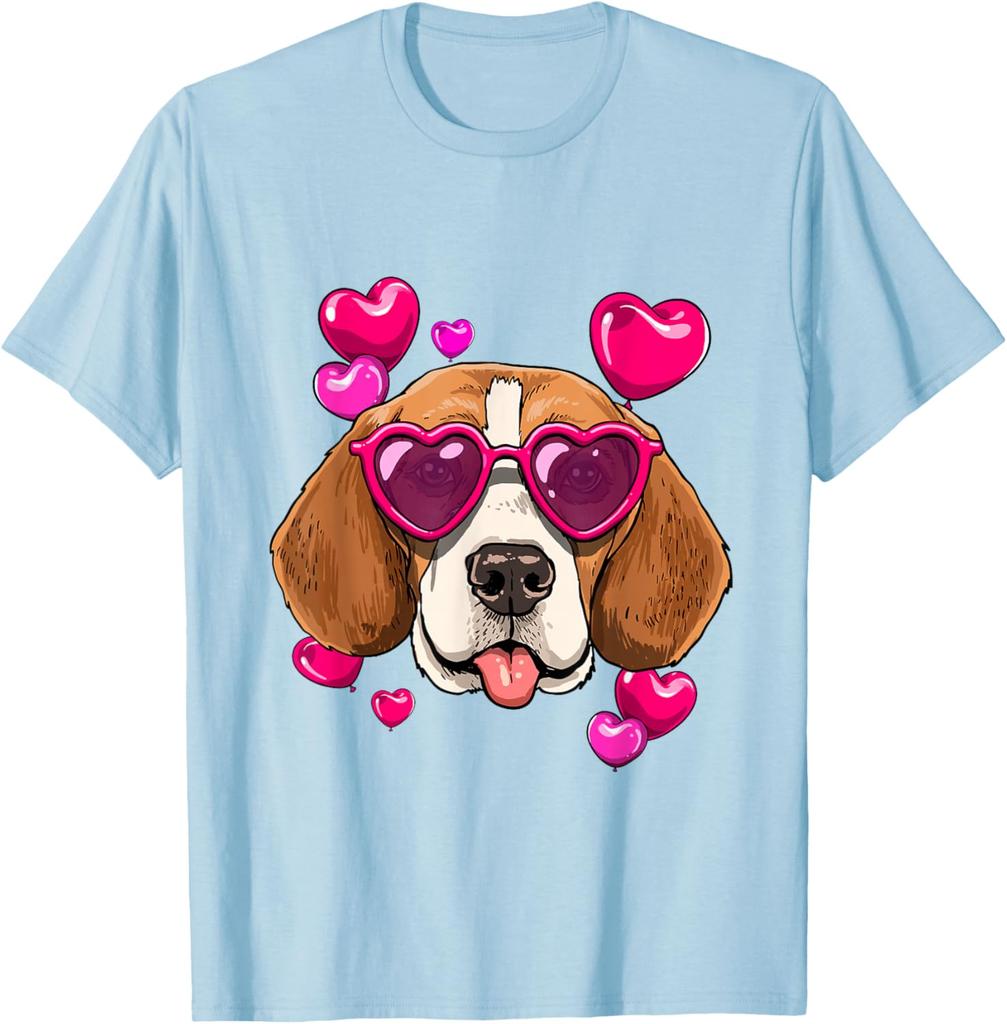 Beagle Heart Sunglasses Valentines Day Dog Lover Graphic Tee Casual Cotton T-Shirt