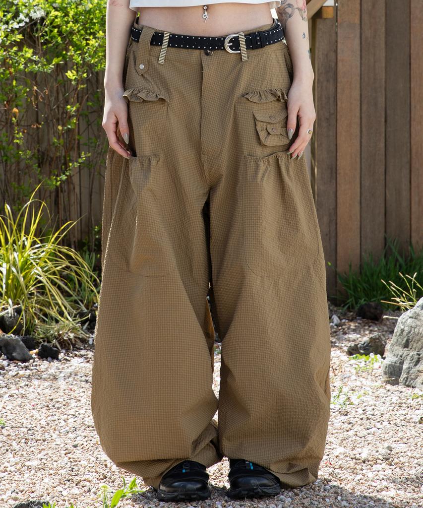 RuNaKi'Hu' Wxp042 Saki Frill Seersucker Wide Pants (Brown)