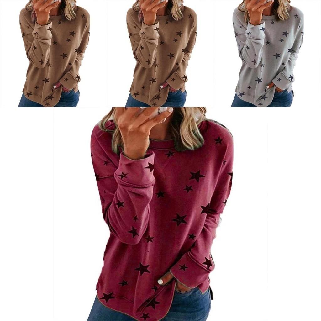 Women Casual Tunic Crew Neck Long Sleeve Star Print Tee Top Blouse For Daily Comfort And Style