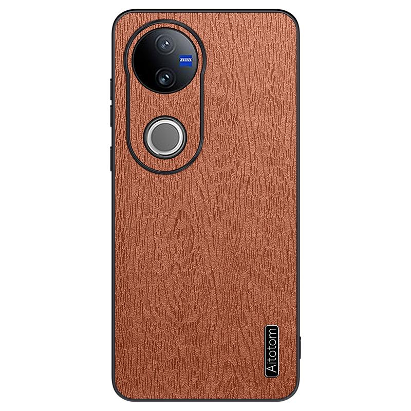 

For vivo V50 5G Case Wood Texture PU Leather Coated PC TPU Phone Cover Brown