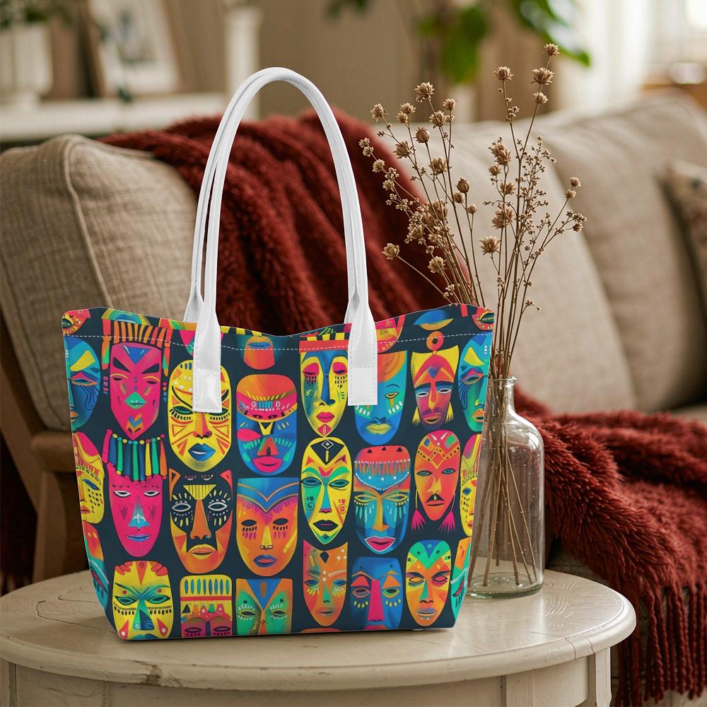 Colorful Tribal Face Pattern Tote Bag Stylish Casual Daily Use Shoulder Handbag for Women Lightweight Trendy Outdoor Shopping Carry Bag