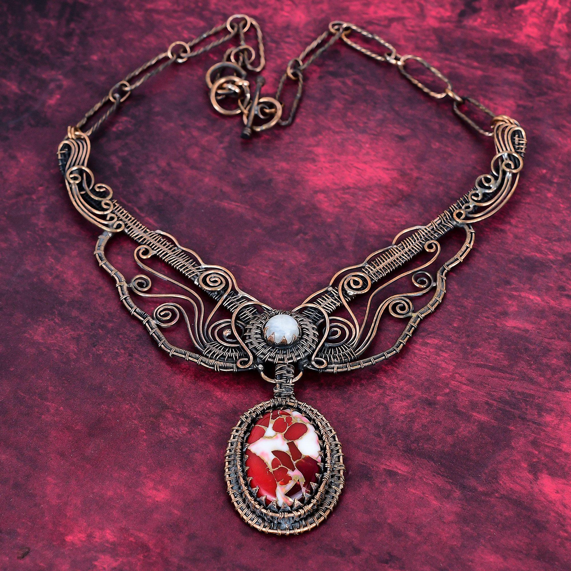 

Kingman Red Mohave Copper Turquoise Necklace Moonstone Gemstone Jewelry Copper Wire Wrapped Adjustable Chain Necklace Adjustable