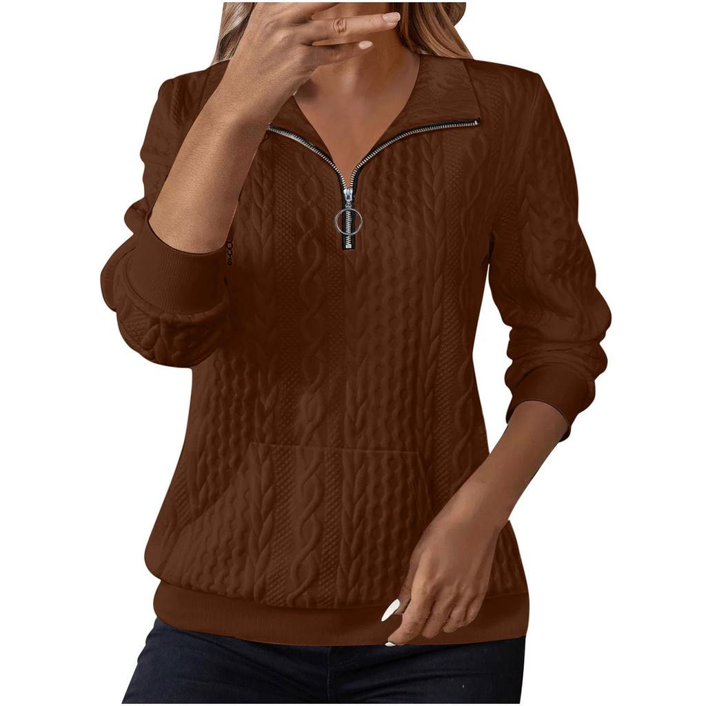 Women's Fashion Long Sleeve Solid Color Casual Collared Zipper Long Sleeve Pocket Sweatshirt