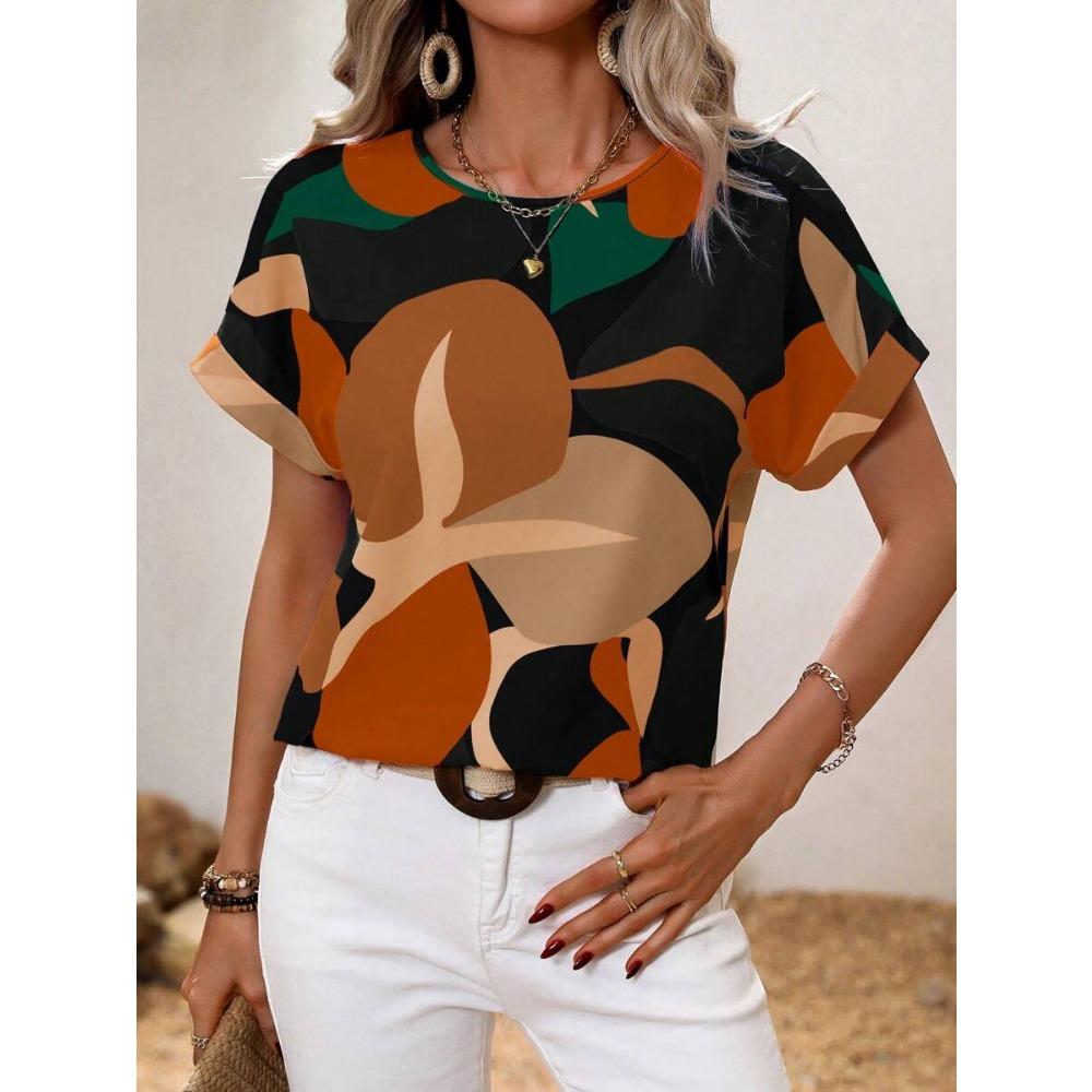 Women's Round Neck T-shirt Summer Outdoor Fashion Short-sleeved Tops Oversize Loose Ladies Clothing Flower Printing Trend Style