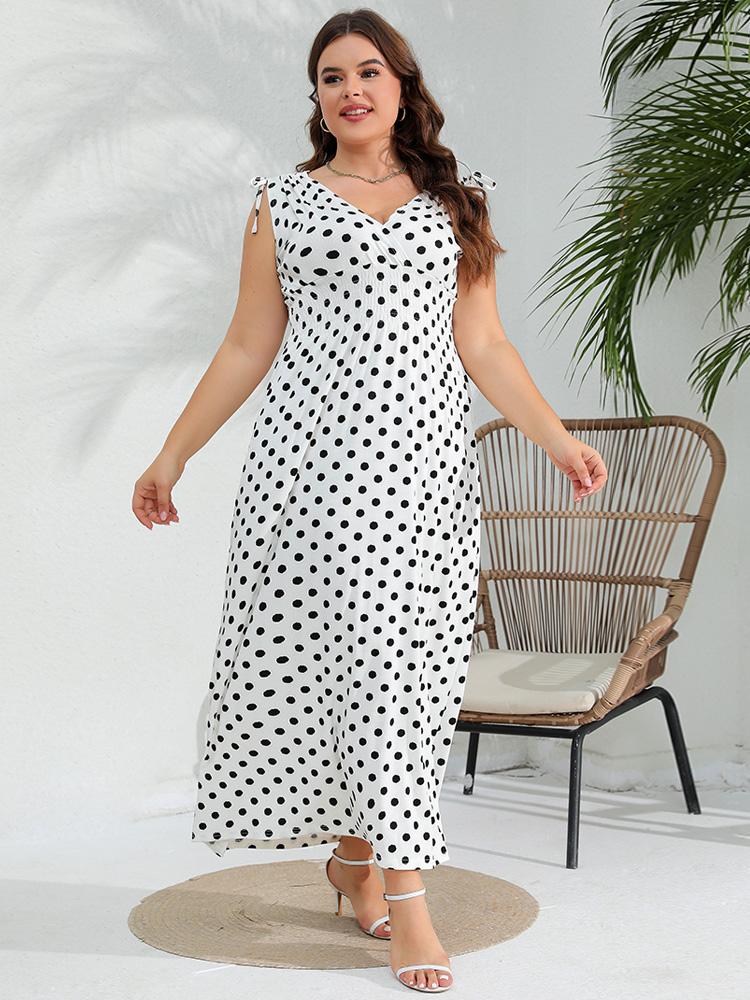 Aesthetic Vintage Loose Plus Size Sling Dress Women Fashion Casual Slim Polka Dot V Neck Dresses Female Design Sleeveless Off Shoulder Clothing Lady