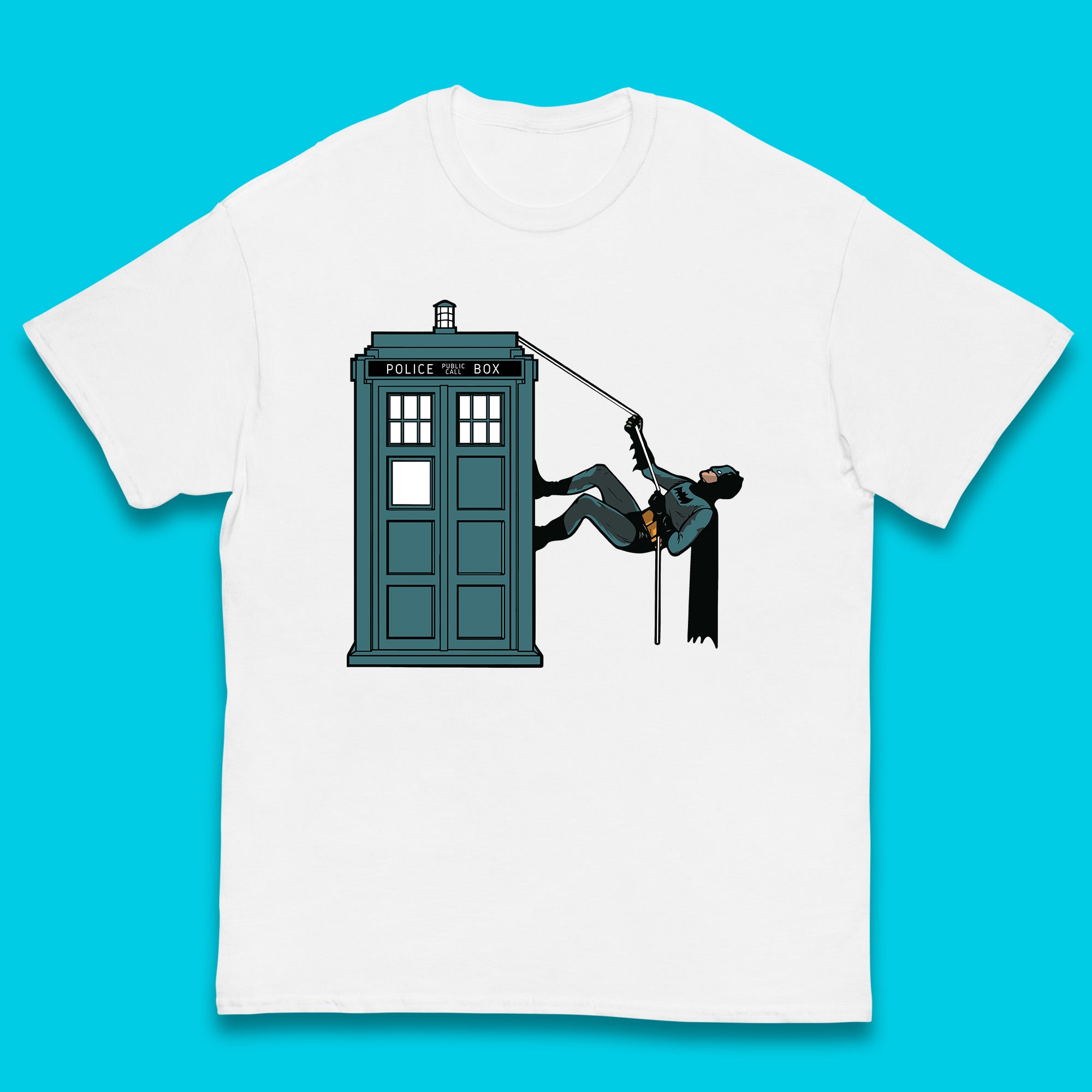 

Batman Climbing Police Public Call Box DC Comics Superhero Movie Character Kids T Shirt 150