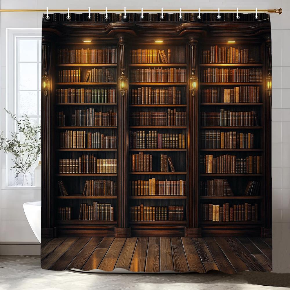 1pc Vintage Library Shower Curtain Old Book Bookshelf Candles Home Polyester Fabric Bathroom Decorative Home Curtain With Hooks