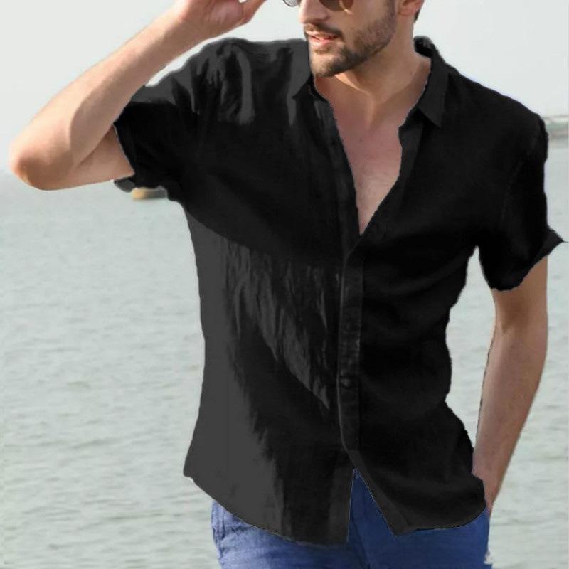 European & American Men's Summer 2025 Solid Color Short-Sleeve Lapel Cardigan Casual Thin Shirt