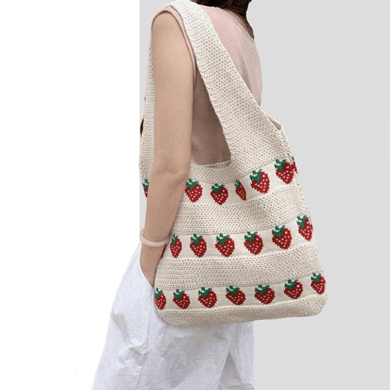 Shoulder Bag For Women Summer Strawberry Knitted Tote Bag Lightweight Travel Minimalist Shopper Hand Bag