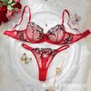 Red Butterfly Embroidered Perspective Lace Erotic Underwear Set, Women's Gathering Bra Thong Two-piece Set