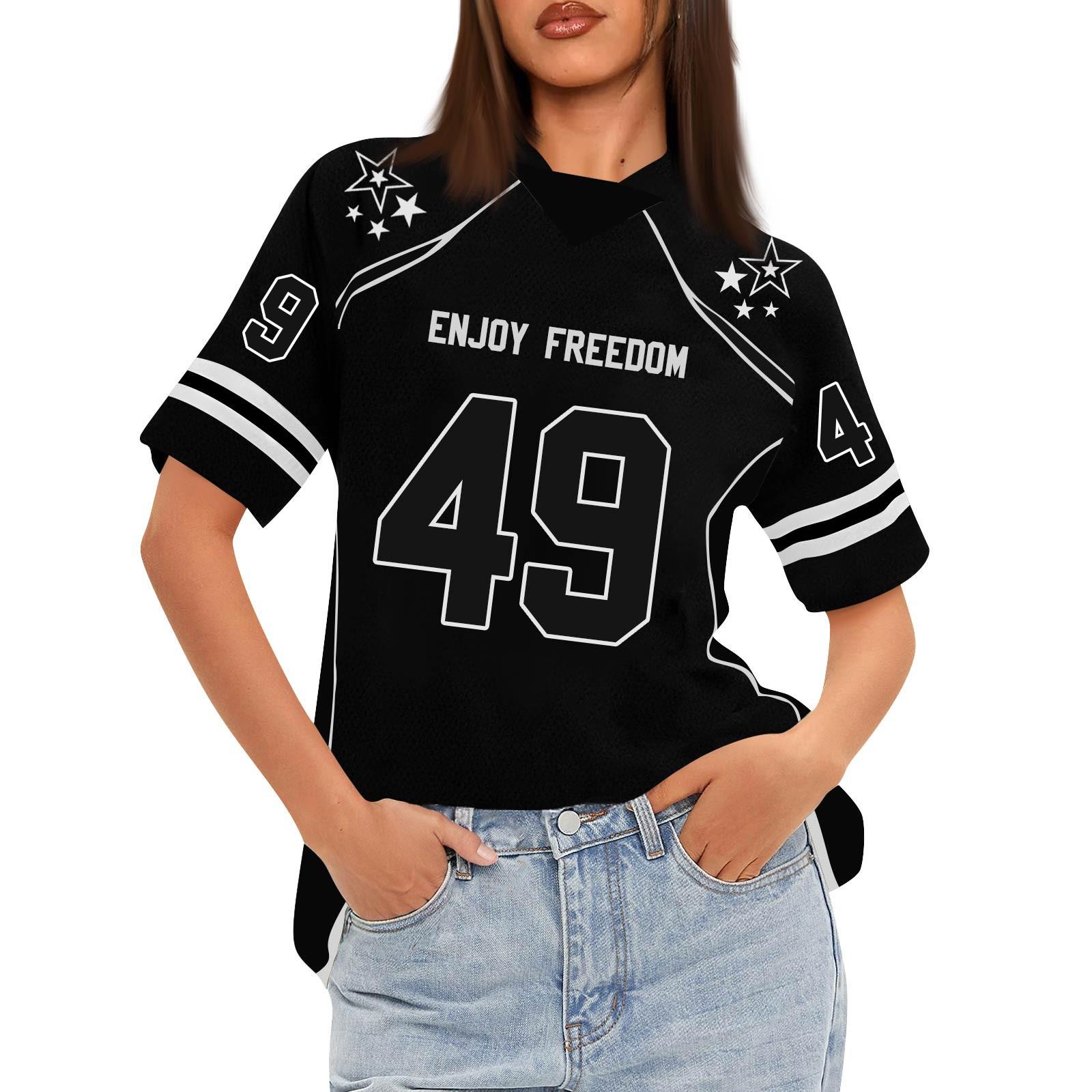 

Women s Oversized Short Sleeve Mesh Football Jerseys Shirt V Neck Graphic Top Tee L чорний