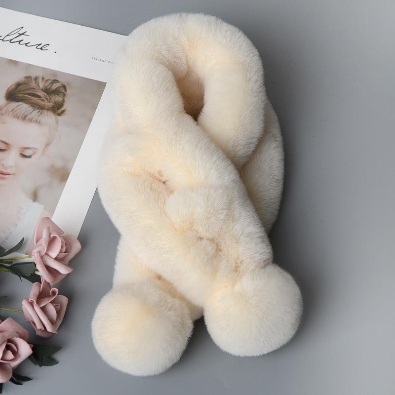 Dame Vinter Ensfarget Skjerf Myk Plysjball Dekor Fuskepels Tykke Skjerf Koselig Halsvarmer Kryss Vindtett Termisk Dame Halsvarmer