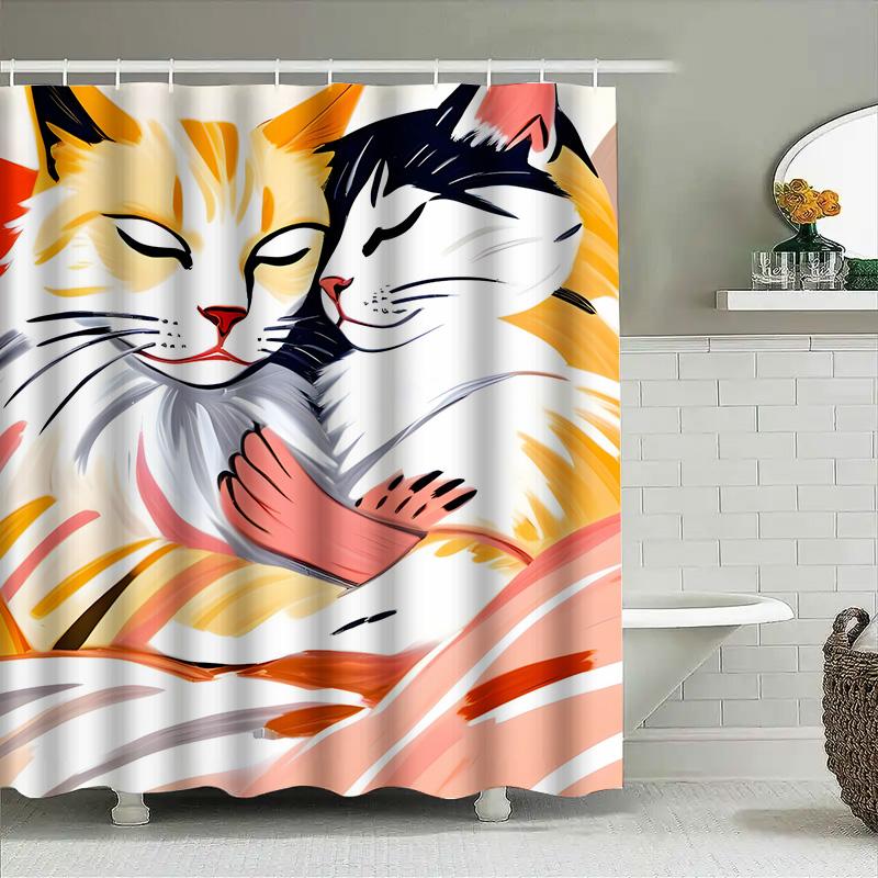 Artistic Shower Curtain Featuring Colorful Cats Snuggling Modern Decor For Bathroom Tiles High-Quality Printing With Vivid Color