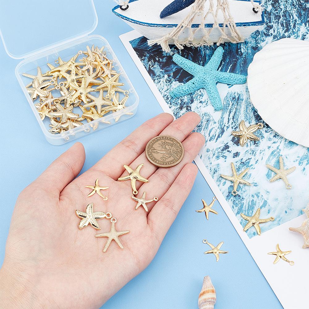 50Pcs 5 Style Iron & Alloy & Brass Pendants Starfish/Sea Stars Light Gold 17.5~24x15.5~22x1~3mm 10pcs/style