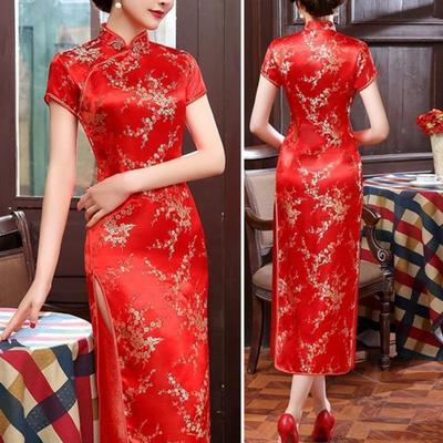 Style Floral Embroidery Stand Collar Short Sleeves High Side Split Chinese Knot Buttons Cheongsam Satin Silky Slim