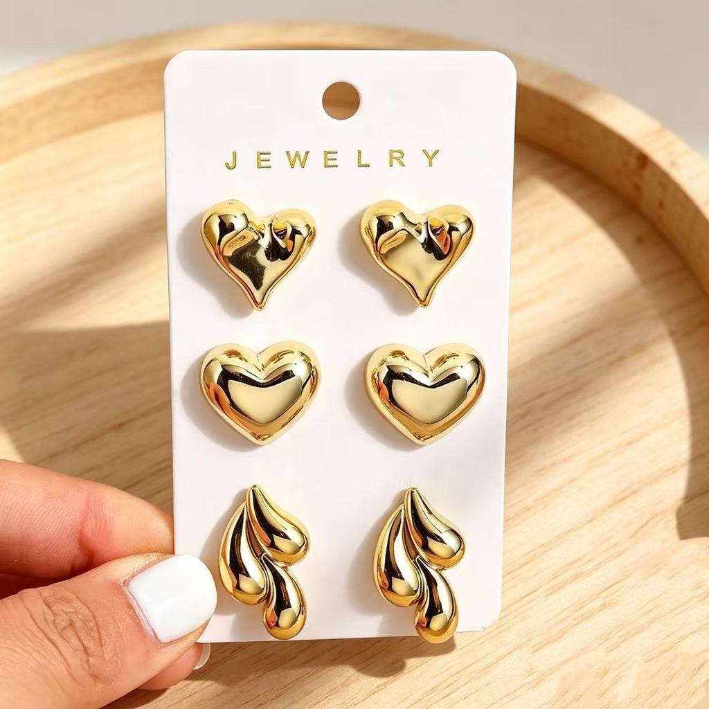 New gold-plated round three-piece set of stud earrings, personalized simple acrylic love earrings, ear jewelry for women