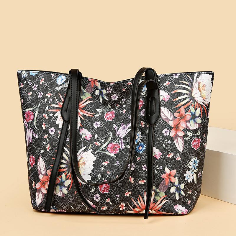 

2025 New Fashion Ladies Tote Bag Large-capacity Flowers Printed Shoulder Bag PU Waterproof Leisure Travel Lightweight Joker Handbag чорний