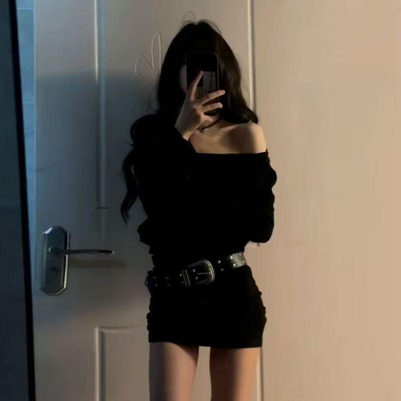 [With Belt] Spice Girl One-word Shoulder Long-sleeved Short Dress, Women's Pure Desire To Wear Slim-fitting and Thin Temperament Short Skirt