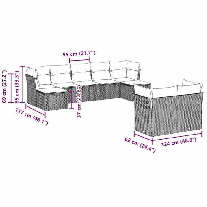 VidaXL Salon de Jardin avec Coussins 9 pcs, Canapés de Terrasse, Ensemble de Meubles de Patio, Mobilier d'Extérieur, Marron 3218313