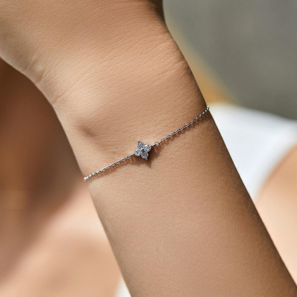 Fine Jewelry 925 Sterling Silver Rhodium Gold Plated Cubic Zirconia Lucky Charm Four Leaf Clover Pendant Bracelet for Women