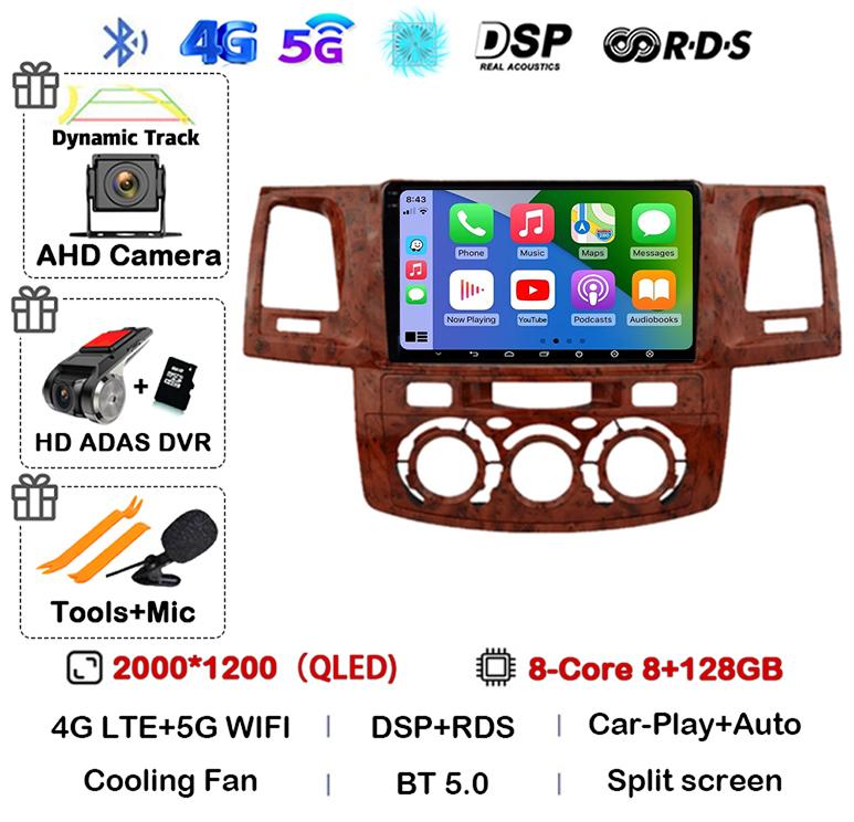 Android 14 Carplay Auto WIFI+4G Radio For Toyota Fortuner HILUX Revo Vigo 2007-2015 Stereo Car Multimedia Video Player GPS QLED