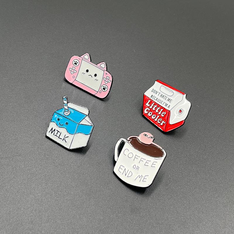 Cartoon Drip Oil Metal Brooch - Milk Carton & Coffee Cup Design for Clothing, Shoes, Bags