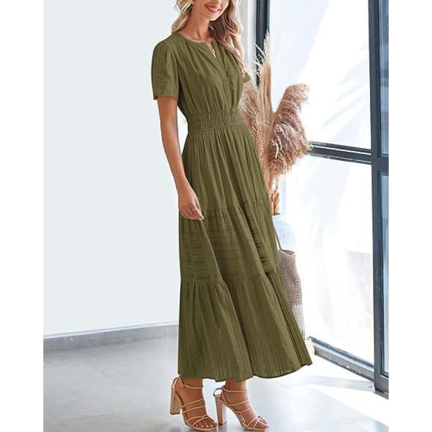 VEZFAA Women's Fashion Summer Spring Solid Color Print Short Sleeve V-Neck High Waist Casual Dresses