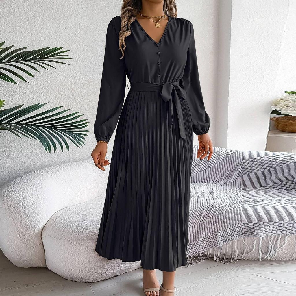 Damesmode Retro Effen Kleur Elegante V-hals Knoop Strik Lange Mouw Taille Geplooide Jurk