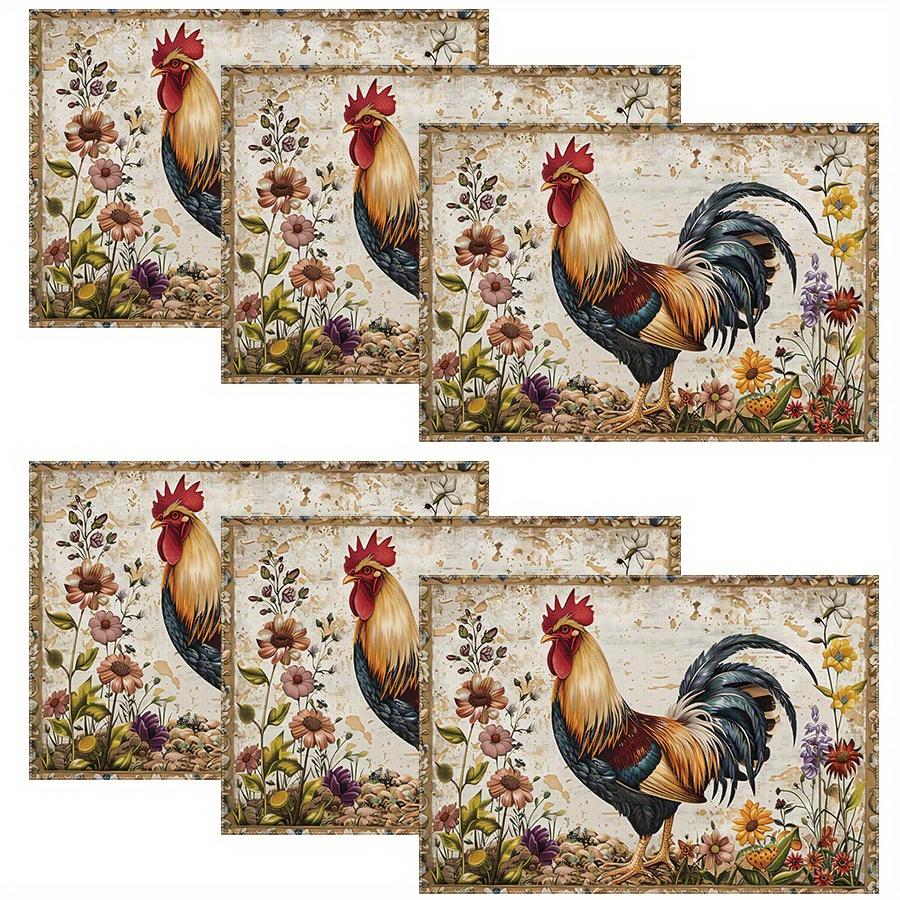 4/6Farmhouse Rooster Placemats Rustic Chicken Imitation Placemat Farm Heat Resistant Dining Place Mats Country Vintage Florals Table Mat