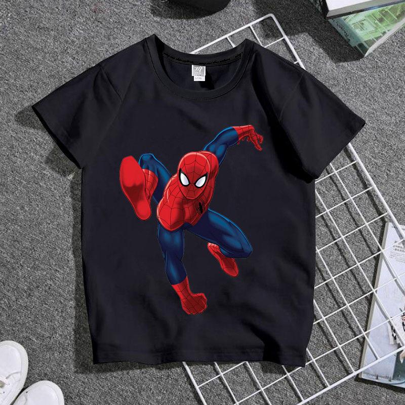 Summer Marvel Spider Unisex Cartoon Printed Tshirt Handsome Childrens Wear Pure Cotton Round Neck Personalized Parent Child Wear