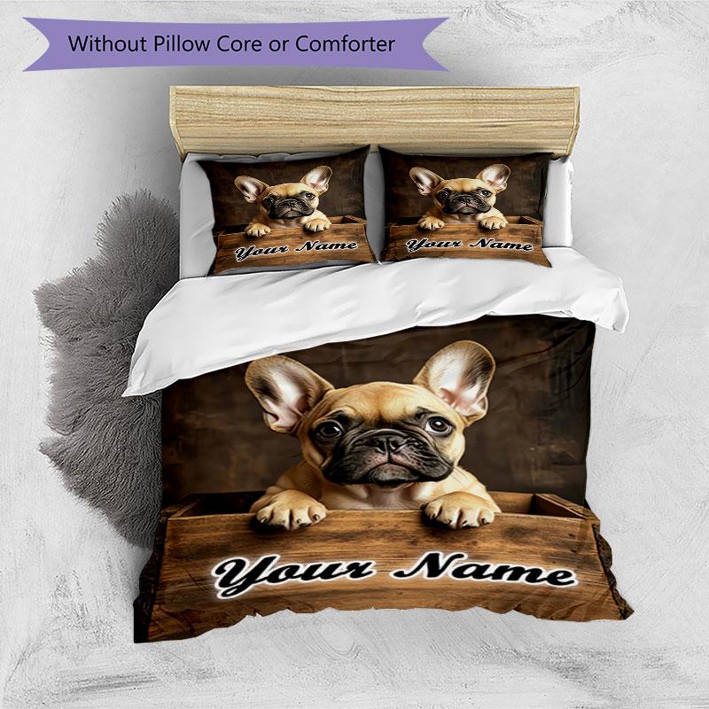 3PC Custom Name French Bulldog Wooden Box Bedding Set Duvet Cover Closure Includes 1 Duvet Cover & 2 Pillowcases for Bedroom