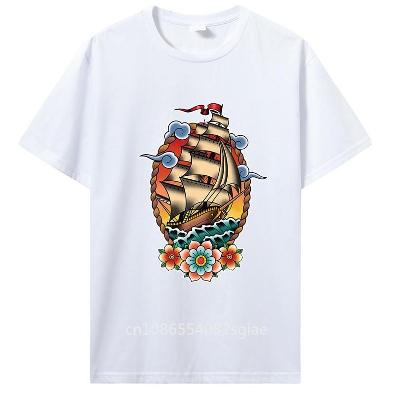 Old School American Traditional Tattoo Flash Clipper Ship T-Shirt Men Cotton Tshirt Tees Tops Anime Harajuku Streetwear