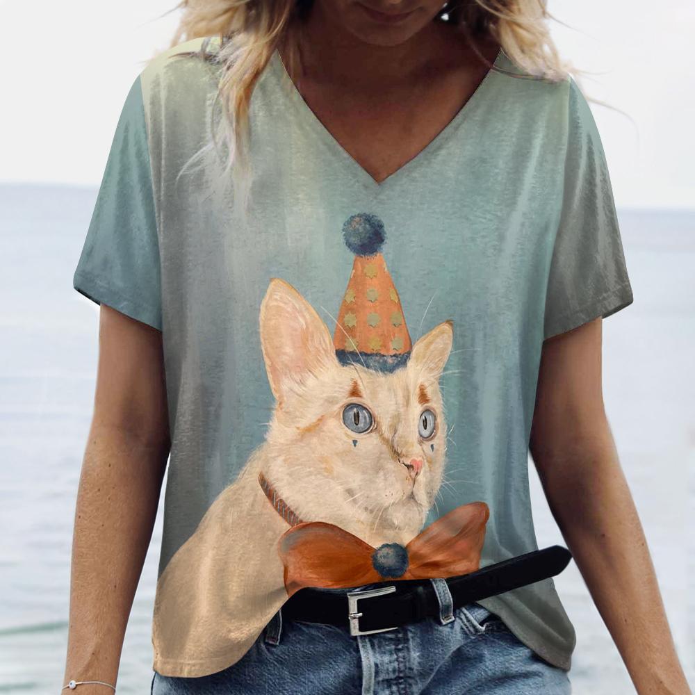 New Women's T-shirt Cartoon Cat print Vintage Plus Size Top Summer Women's Trending Clothes Fashion Short Sleeve Shirt V-neck