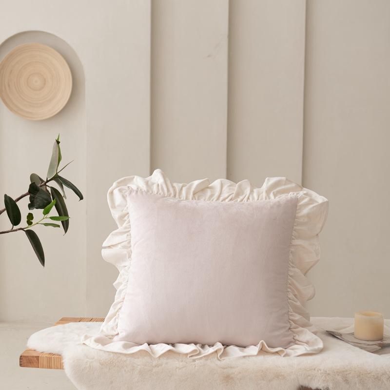 Solid Color Velvet Pillow Covers Minimalist Lace Trim Cushion Cases Elegant Ruffled Throw Pillowcase Plush Sofa Cushion Covers