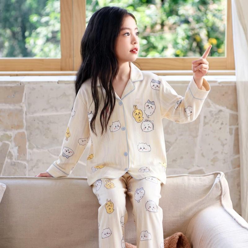 100% Cotton Girls Pajama Set Long Sleeve Cartoon Print Sleepwear Open Front Robe Style Fall