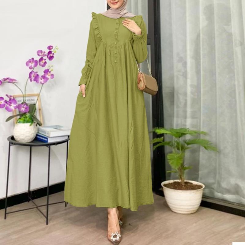 ZANZEA Women Casual Round Neck Solid Color Loose Long Sleeve Dress