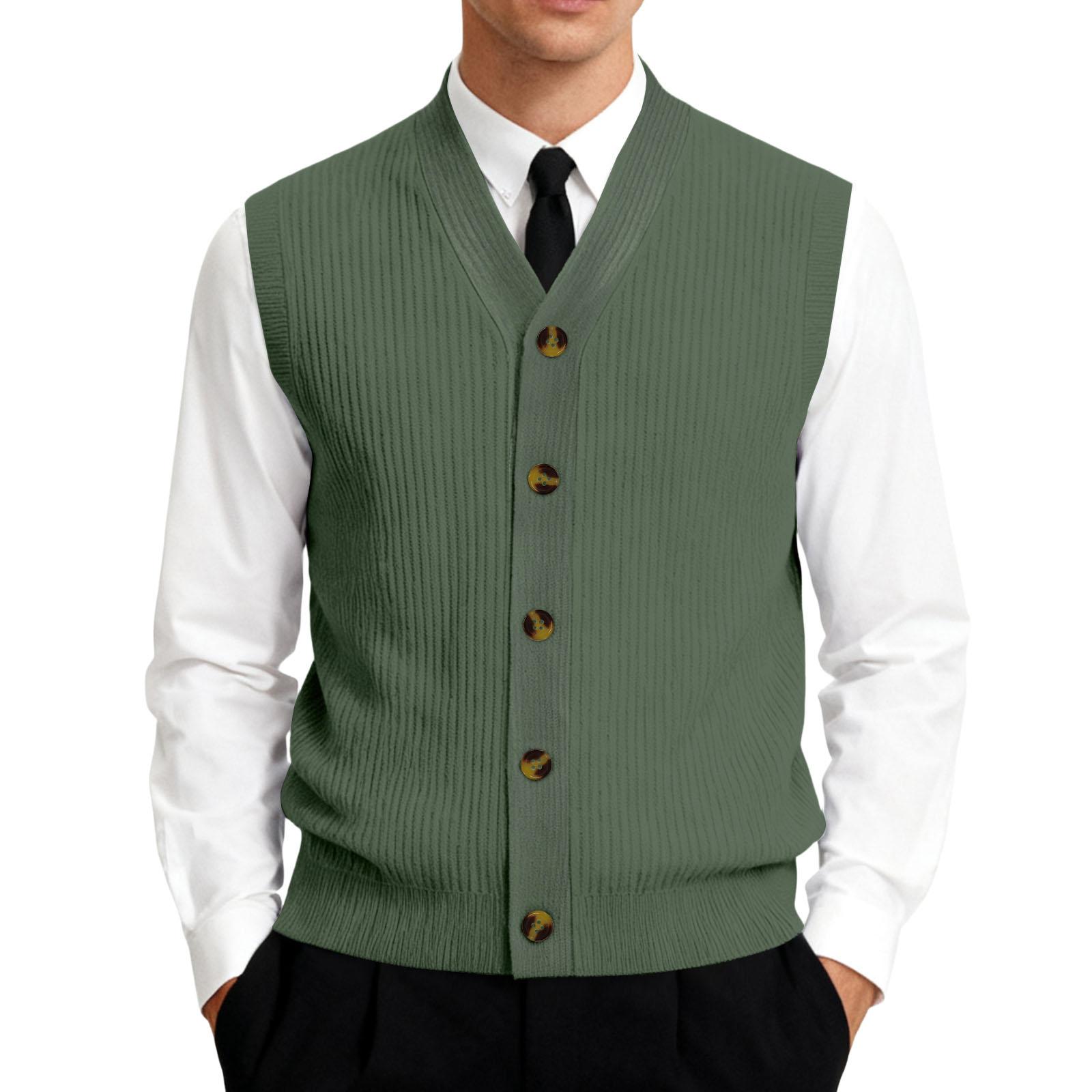 Men’s Classic Ribbed Knit Button Down Vest Sleeveless V Neck Sweater Vest Casual Business Layering Top L армия зеленый