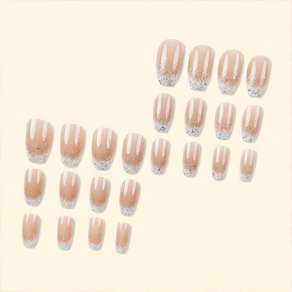 Gradient Pink 24pcs Glitter False Nails Wearable French Fake Nail Short Ballet Press On Nails Manicure Decor