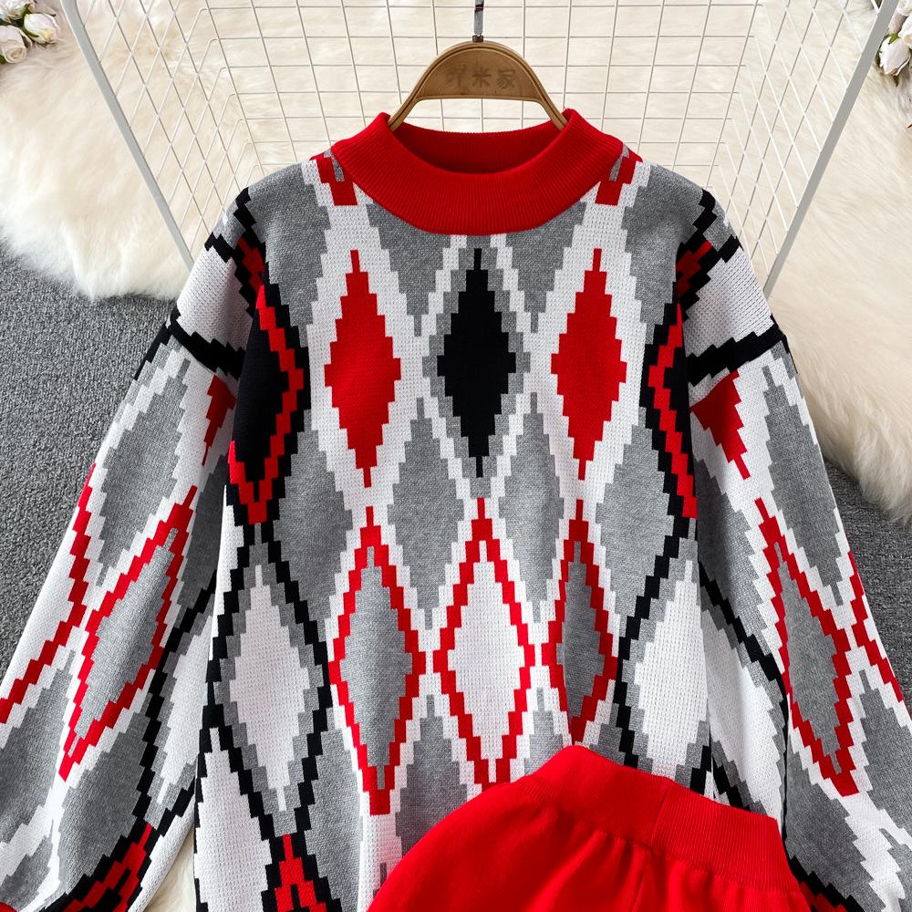 Conjunto de Moda para Mujer Otoño Invierno Suéter Holgado de Manga Larga a Cuadros Conjunto de Dos Piezas Pantalones de Punto Rectos de Pierna Ancha Adelgazantes de Cintura Alta