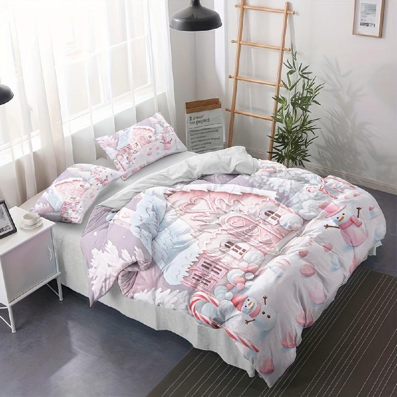 3pcs Christmas print quilt set Gingerbread House Pink Snowman Winter Bedding Soft Cozy Bedclothes Sweet Bedroom Decoration