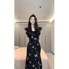 French Retro Flying Sleeve Printing Dress Women's Lotus Leaf Edge Wasteland Wind Waist Thin Black Bow Dress