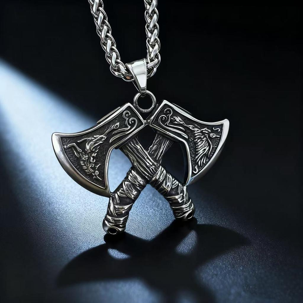 Stainless Steel Viking Axe Pendant Chain Necklace for Men Jewelry Accessory Gift Box