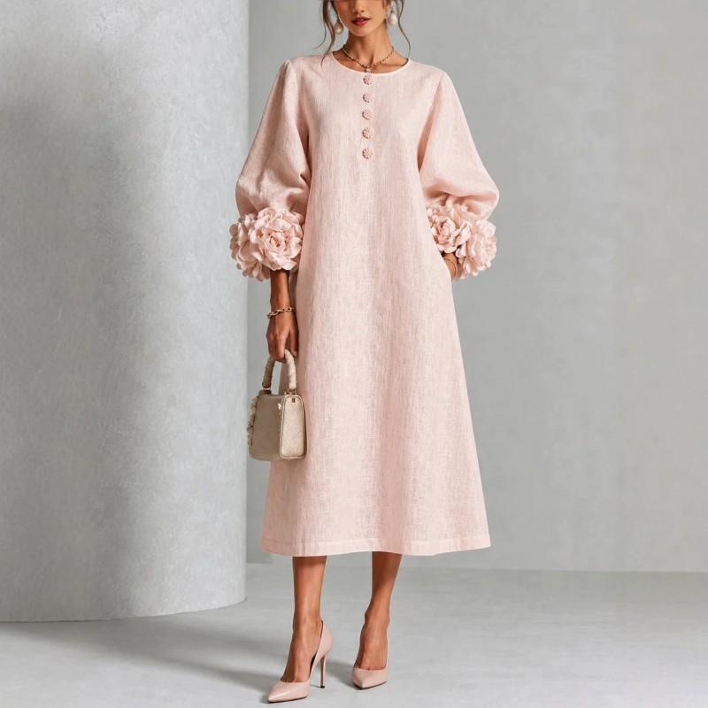 2026 French 3D Floral Lantern Sleeve Button Cotton Linen Midi Dress Women