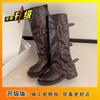 Popular trousers western boots ins trendy boots belt buckle pleated thick-soled medium boots women's 2025 autumn and winter new models