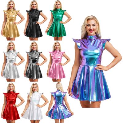 Vestido de Festa Metálico em A para Mulheres - Gola Alta Manga Curta Cintura Alta Brilhante Vestido de Clube Roupa de Halloween