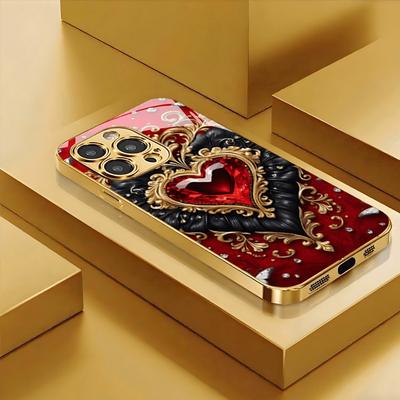 Golden Heart Pattern Gold Metallic Paint Tempered Glass Phone Case For iPhone 11 12 13 14 15 16 17 Pro Max Plus 17 Air 16E Cover
