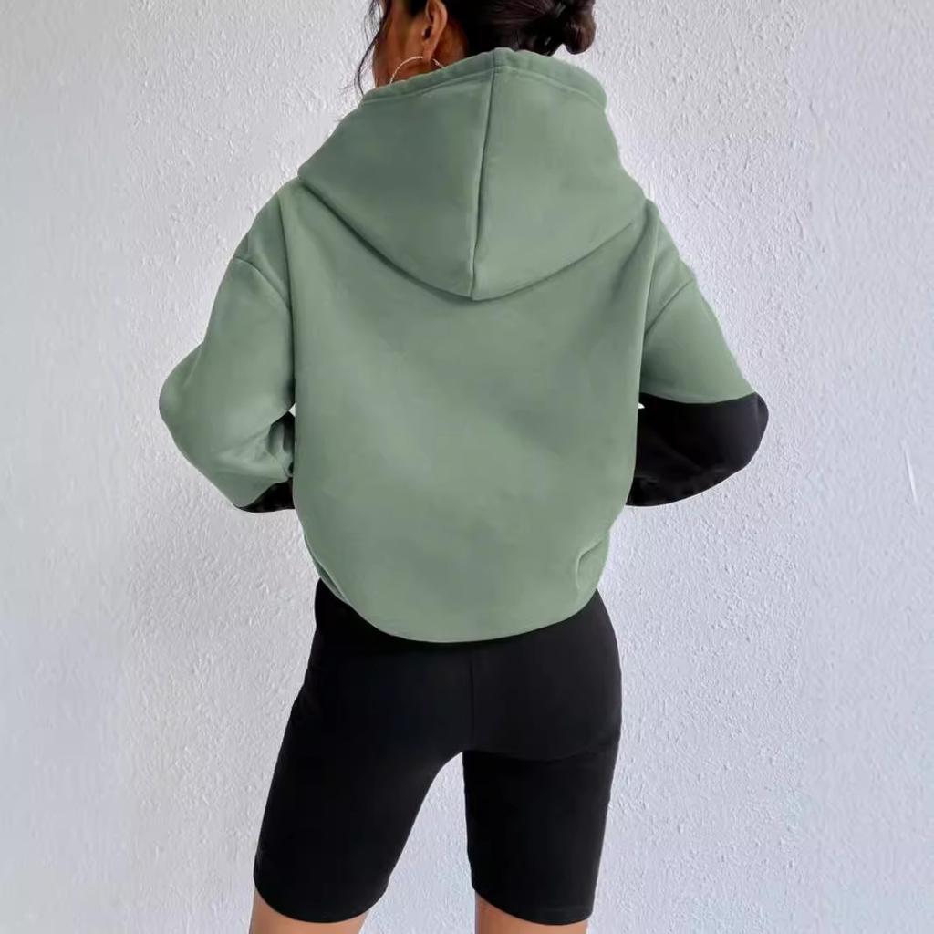 Women Color Block Hoodie Drawstring Cowl Neck Long Sleeve Sweatshirt With Kangaroo Pocket Loose Casual Pullover Top