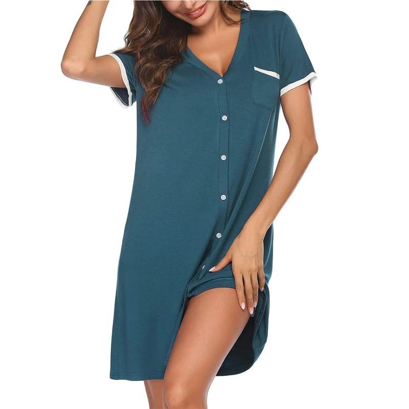 For Women V-neck Short-sleeved Contrasting Color Home Wear Simple Women Short Nightgown Summer Mid-length Dress with Pockets